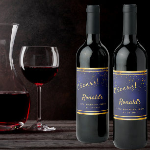 90th Birthday party dark navy blue gold cheers Wine Label