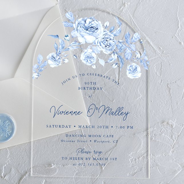 90th Birthday Party Dusty Blue Rose Floral Arch Acrylic Invitations (Creator Uploaded)
