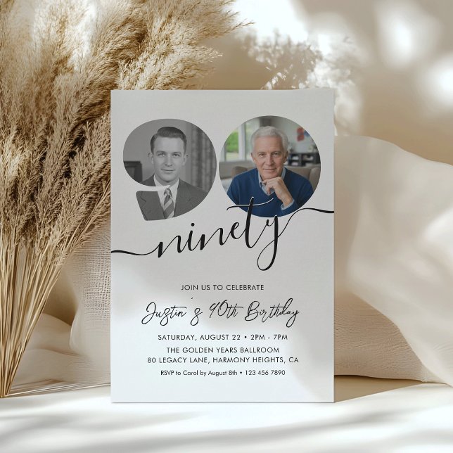 90th Birthday Party Elegant 2 Photo Birthday Invitation (Creator Uploaded)