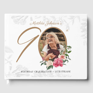 90th Birthday Party Elegant Floral Botanical Photo Guest Book