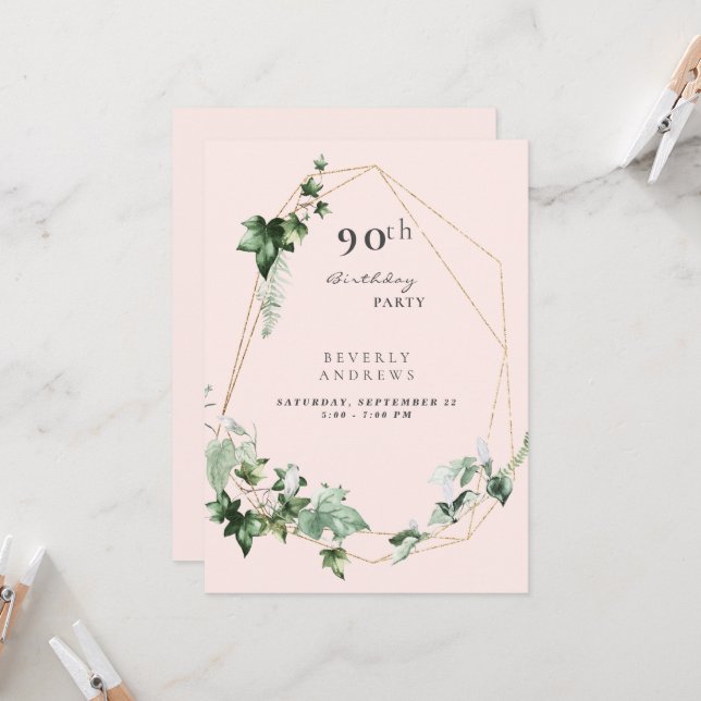 90th Birthday Party Elegant Foliage Champagne Pink Invitation (Front/Back In Situ)