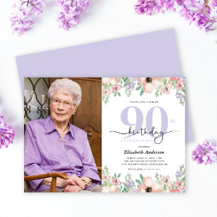 90th Birthday Party Elegant Pastel Floral Photo Invitation