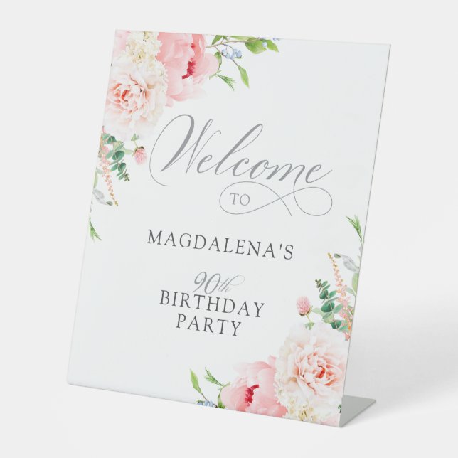 90th Birthday Party Elegant Pink Floral Welcome Pedestal Sign (Front)