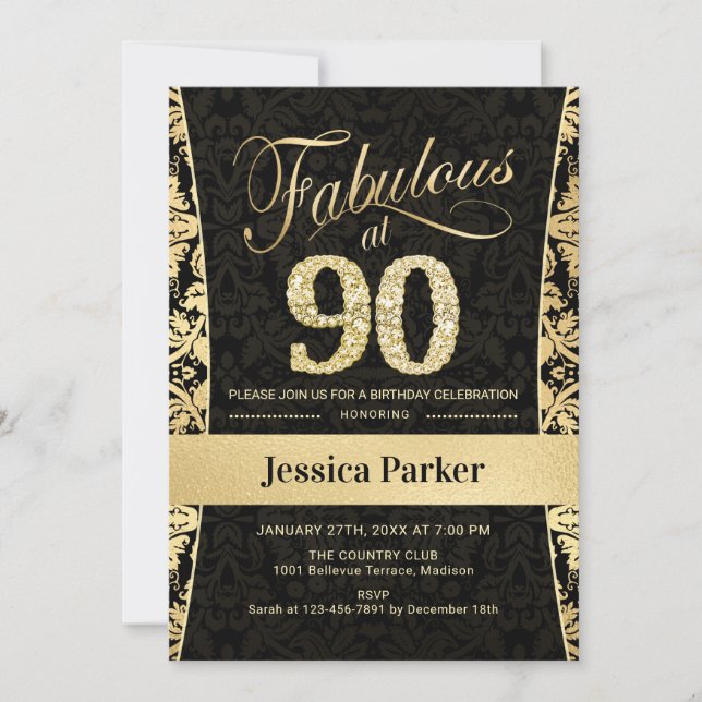 90th Birthday Party - Gold Black Invitation (Front)