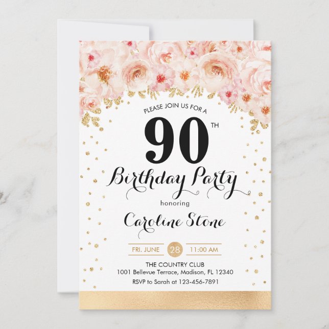 90th Birthday Party - Gold Flowers Invitation (Front)