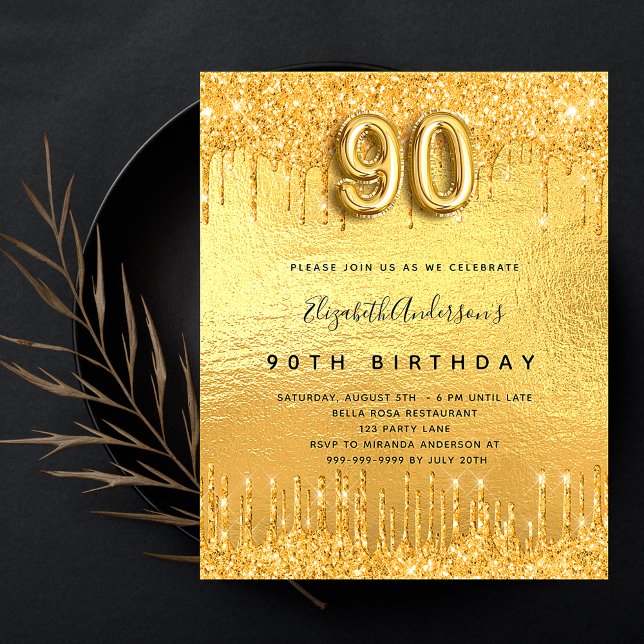 90th birthday party gold glitter budget invitation flyer (Creator Uploaded)