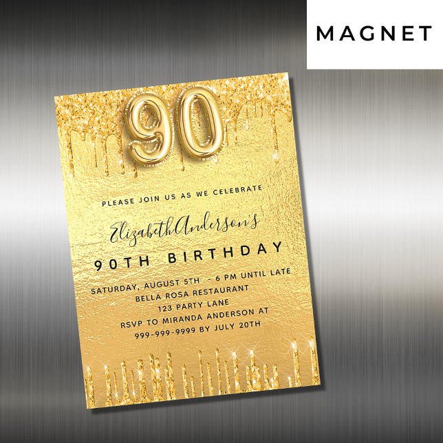90th birthday party gold glitter invitation magnet (Creator Uploaded)