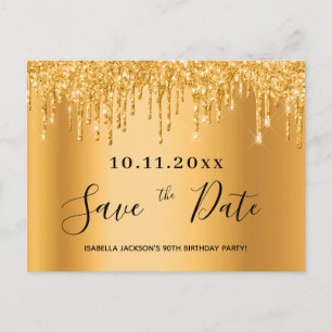 90th birthday party gold glitter save the date postcard