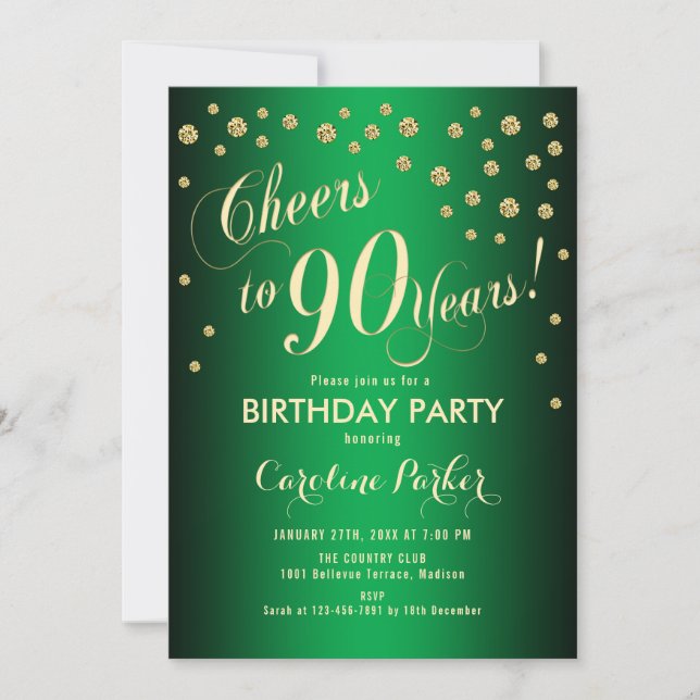 90th Birthday Party - Gold Green Invitation (Front)