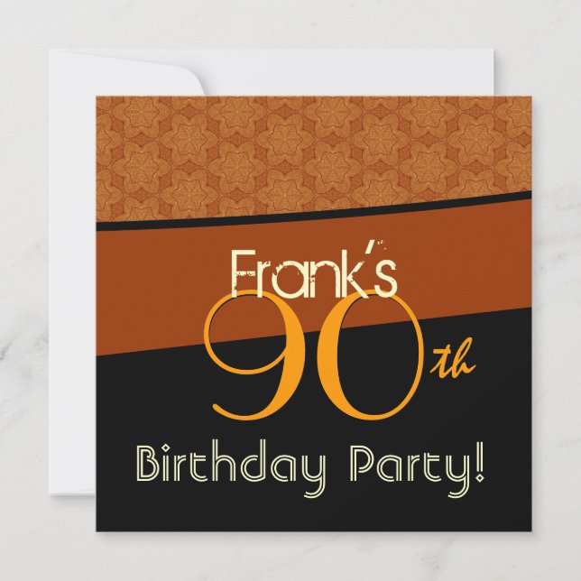90th Birthday Party Gold Orange Black Pattern Invitation (Front)