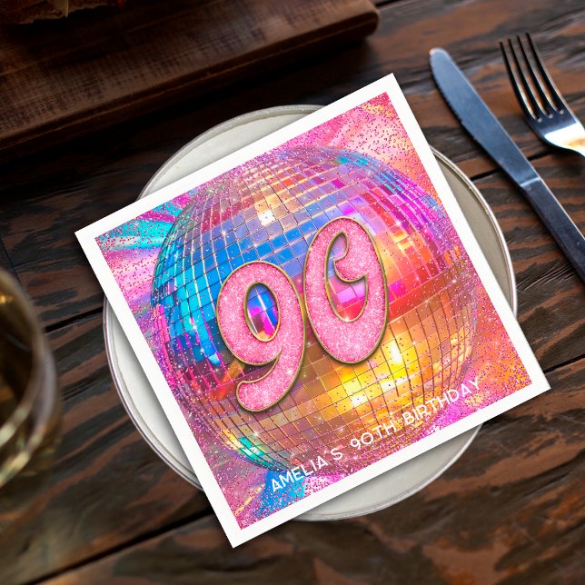 90th Birthday Party Gold Pink Glitter Disco Ball Napkin (Creator Uploaded)