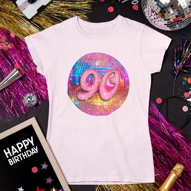 90th Birthday Party Gold Pink Glitter Disco Ball T-Shirt (Creator Uploaded)