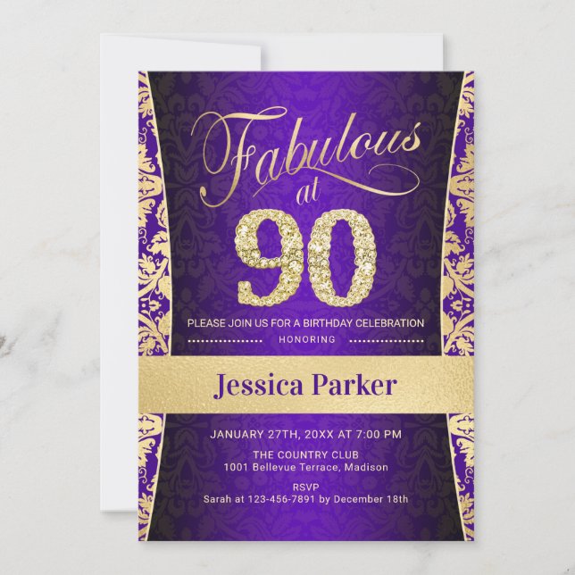 90th Birthday Party - Gold Purple Invitation (Front)