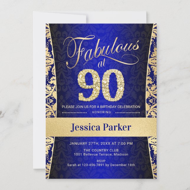 90th Birthday Party - Gold Royal Blue Invitation (Front)