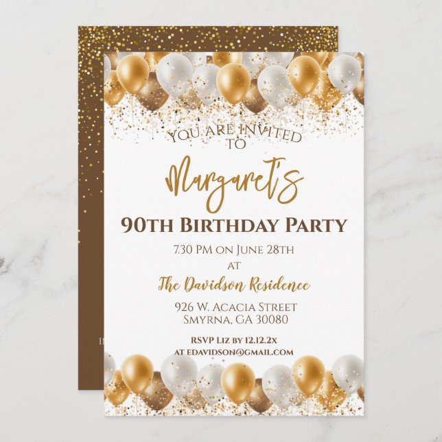 90th Birthday Party Gold Silver Balloons Invitation (Front/Back)