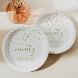 90th Birthday Party Gold Triangle Confetti White Paper Plate<br><div class="desc">Help her celebrate her 90th birthday in style with this simple but elegant design, featuring faux gold foil triangular confetti sifting down on the word "ninety" in gold handwriting font on a white background. Personalise it with the name of the honoree in gold sans serif font, along with the occasion...</div>