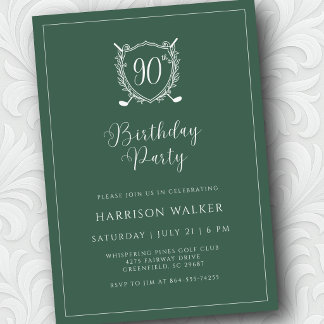 90th Birthday Party Golf Crest Elegant Script Sage Invitation