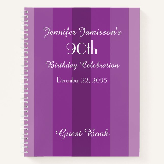 90th Birthday Party Guest Book Purple Stripe (Front)