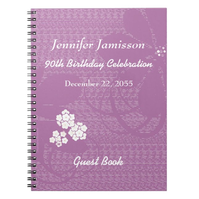 90th Birthday Party Guest Book Purple White Floral (Front)