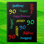 90th Birthday Party Guest Book, Repeat Name Black Spiral Notebook<br><div class="desc">What a wonderful, personalised Guest Book for a 90th birthday party or any other occasion. On the cover, Name and Age repeats in different fonts and primary colours on a black background. Easy to personalise - just CHANGE NAME, AGE, and OCCASION in ONE PLACE. Supports name up to 9 characters....</div>