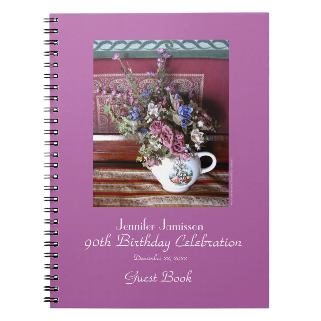90th Birthday Party Guest Book, Vintage Teapot Notebook (Front)