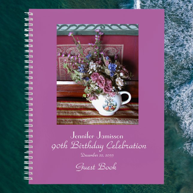 90th Birthday Party Guest Book, Vintage Teapot Notebook (Creator Uploaded)