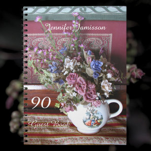 90th Birthday Party Guest Book, Vintage Teapot Spiral Notebook