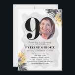 90th Birthday Party Invitation | 90th Birthday<br><div class="desc">A very modern black,  white and gold tropical 90th birthday invitation. The birthday celebrant's photo is framed by the zero in 90. Their name is written in bold black text. A modern grey free-form frame surrounds the party details. Dark grey and gold palm leaves are placed in two corners.</div>