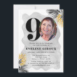 90th Birthday Party Invitation | 90th Birthday<br><div class="desc">A very modern black,  white and gold tropical 90th birthday invitation. The birthday celebrant's photo is framed by the zero in 90. Their name is written in bold black text. A modern grey free-form frame surrounds the party details. Dark grey and gold palm leaves are placed in two corners.</div>