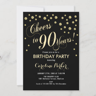 90th Birthday Party Invitation - Gold Black