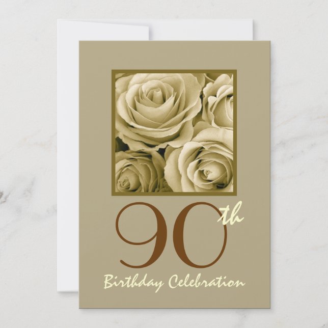 90th Birthday Party Invitation GOLD Roses (Front)
