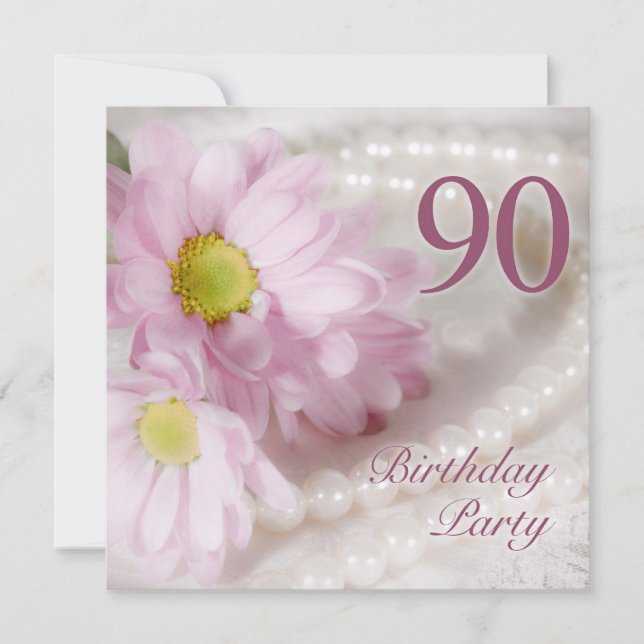 90th Birthday party invitation with daisies (Front)