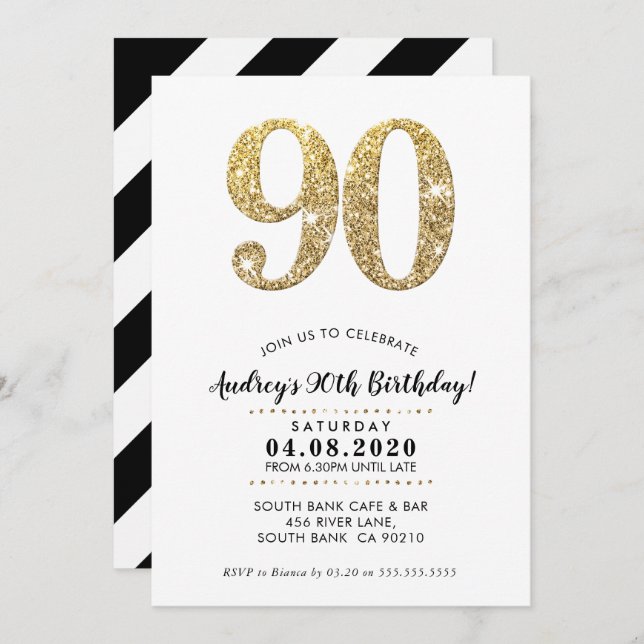 90TH BIRTHDAY PARTY INVITE modern gold glitter (Front/Back)