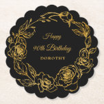 90th Birthday Party Luxe Gold Rose Floral Black Paper Coaster<br><div class="desc">Elegant rose gold floral 90th birthday paper coaster features pretty script calligraphy surrounded by a luxe gold rose wreath. The roses look beautiful with the dramatic black background. You can actually change the background colour to any colour. All of the text can be edited. This item is part of the...</div>