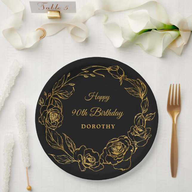 90th Birthday Party Luxe Gold Rose Floral Black Paper Plate (Wedding)