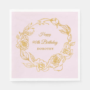 90th Birthday Party Luxe Gold Rose Pink Cocktail Napkin