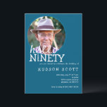 90th Birthday Party Mens Photo Ninety Ocean Blue Invitation<br><div class="desc">Celebrate "Hello to Ninety" with this elegant and contemporary birthday invitation. The chic ocean blue background pairs beautifully with the crisp white text and subtle candle accent, giving the design a refined yet playful touch. With its relaxed tone and modern appeal, this invitation sets the perfect mood for a milestone...</div>