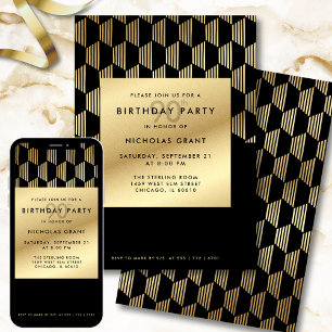 90th Birthday Party Modern Black and Gold Foil Invitation