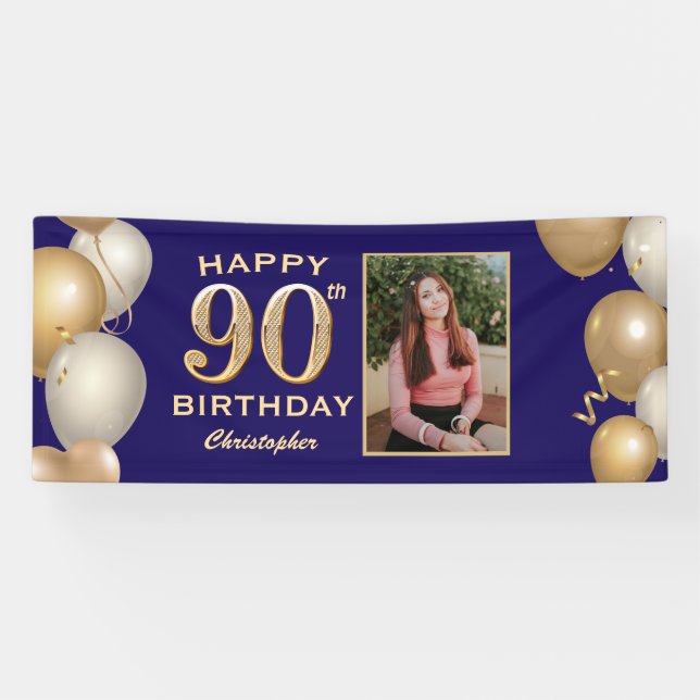 90th Birthday Party Navy Blue and Gold Balloons Banner (Horizontal)
