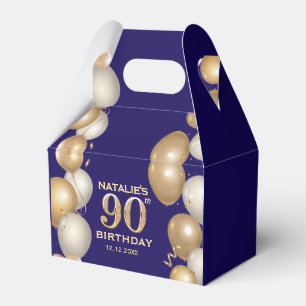 90th Birthday Party Navy Blue and Gold Balloons Favour Box