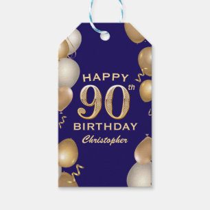 90th Birthday Party Navy Blue and Gold Balloons Gift Tags