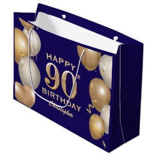 90th Birthday Party Navy Blue and Gold Balloons Large Gift Bag
