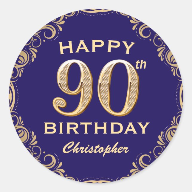 90th Birthday Party Navy Blue and Gold Glitter Classic Round Sticker (Front)