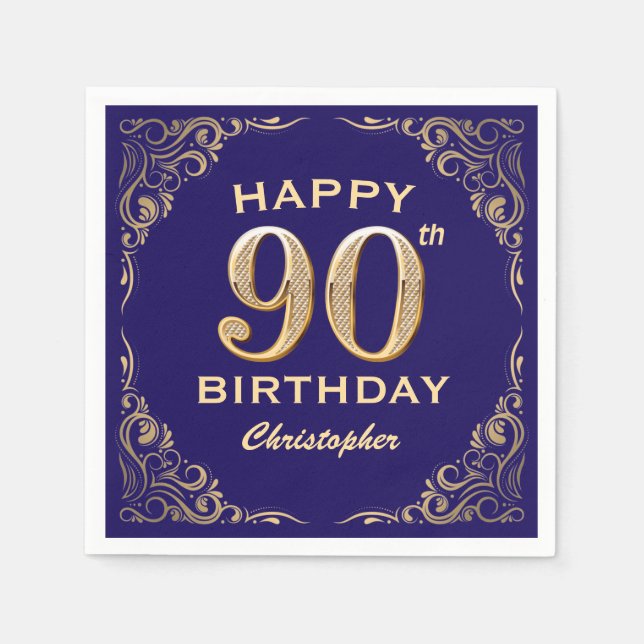 90th Birthday Party Navy Blue and Gold Glitter Napkin (Front)