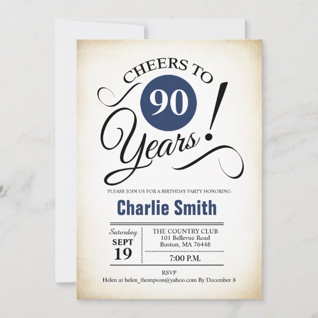 90th Birthday Party - Navy Blue Black White Invitation (Front)