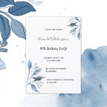 90th birthday party navy blue florals botanical invitation<br><div class="desc">An elegant and simple 90th birthday party invite.  On front a chic white background decorated with blue botanical branches,  florals. Templates for a name,  age 90 and your party details.
Back: classic blue background colour.</div>