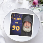 90th birthday party navy blue gold photo man guy napkin<br><div class="desc">A napkin for guys 90th birthday party. Template for your photo.  Dark blue background and the tex: Cheers to 90.  The text is written with a trendy faux gold balloon script. The dark blue colour is uneven.  With golden confetti as decor.</div>