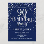 90th Birthday Party - Navy & Silver Invitation<br><div class="desc">90th Birthday Party Invitation.
Elegant design in dark navy blue and faux glitter silver. Features stylish script font and confetti. Message me if you need custom age.</div>