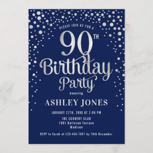 90th Birthday Party - Navy & Silver Invitation