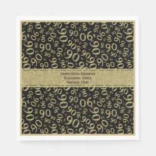 90th Birthday Party Number Pattern Gold and Black Napkin
